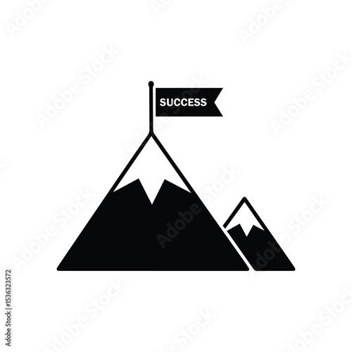 Mountain Peak with Success Flag Silhouette Vector