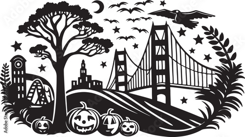 Spooky San Francisco Halloween Silhouette with Golden Gate Bridge Pumpkins and Stars