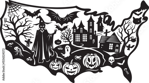 United States Halloween Silhouette Spooky Celebration Map with Bats, Haunted Houses, Pumpkins, Ghosts, Witch, Skull, and other Festive Elements.
