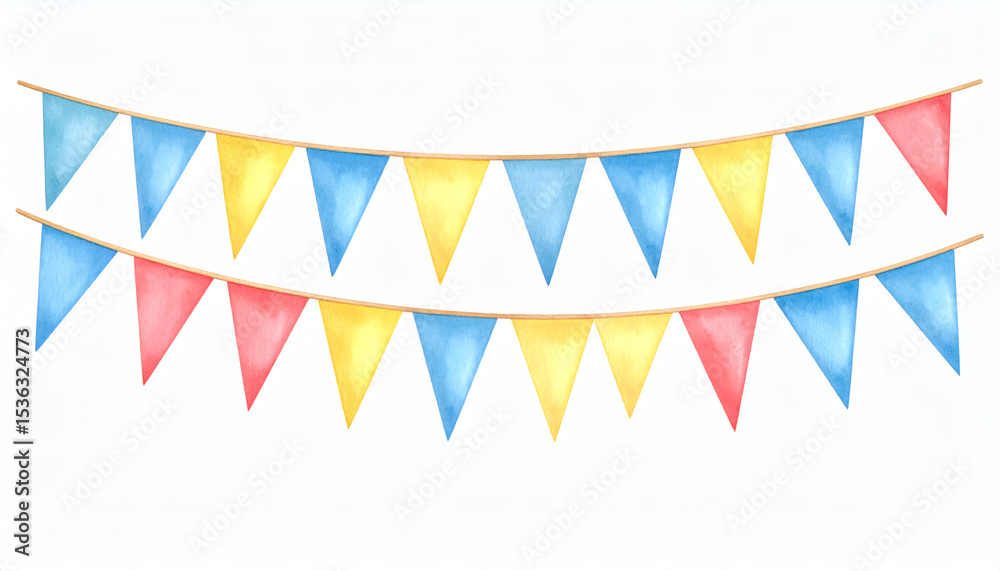 Obraz premium Bunting Flag Watercolor Illustration of Triangular Garland in Pastel Blue Red and Yellow Festive Decorative Banner Design for Celebrations and Parties