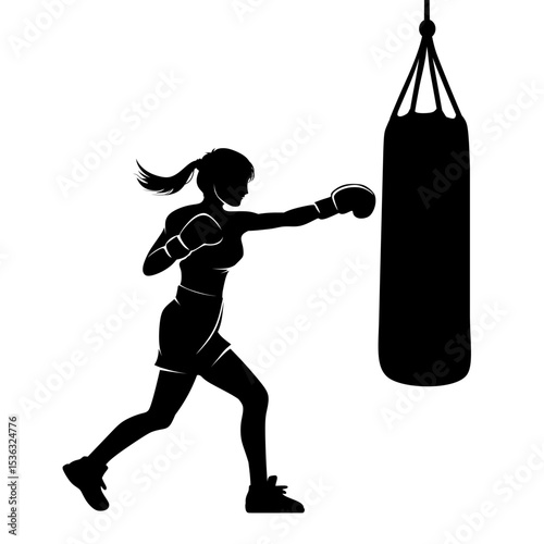 silhouette of female boxer hitting punching bag. boxing sport, fighter. isolated on white background. vector illustration.
