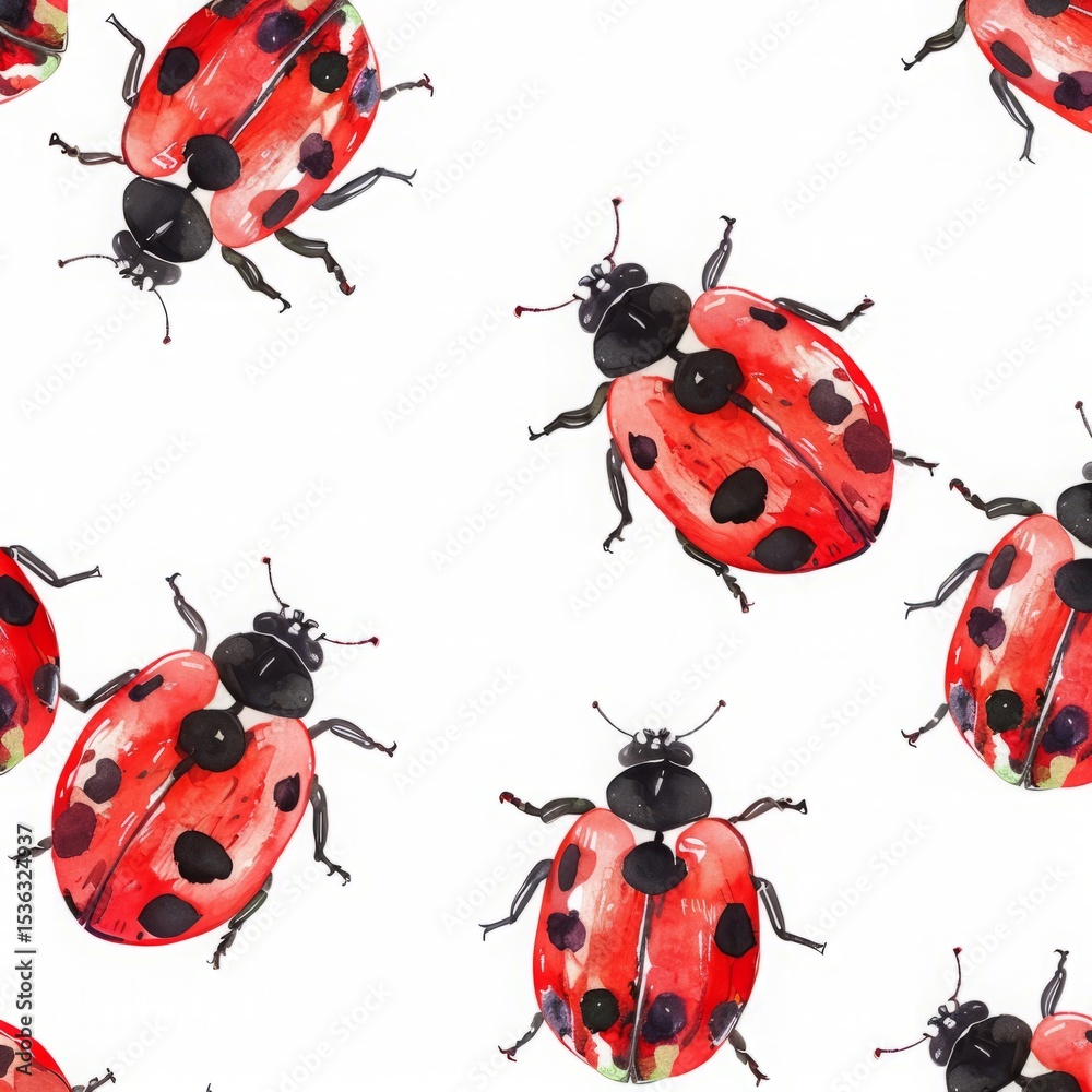 Fototapeta premium Seamless watercolor pattern with bee and ladybug, insect pattern, for textiles, paper