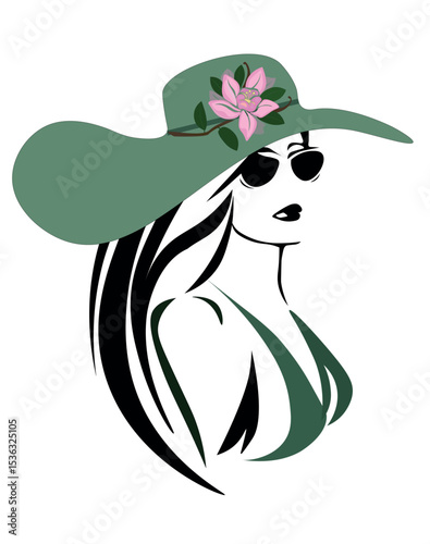 Artistic vector image fashionable girl.  Hand drawn vector abstract stock flat graphic illustration. Beautiful Summer girl in hat. Vector illustration.