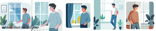 Man Looking Out the Window – Emotional Male Character Vector Illustration Set