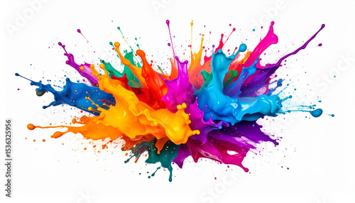 a dynamic explosion of vibrant colors bursts forth against a stark white backdrop. the liquids are seemingly suspended in mid air, their forms twisted into organic, abstract shapes