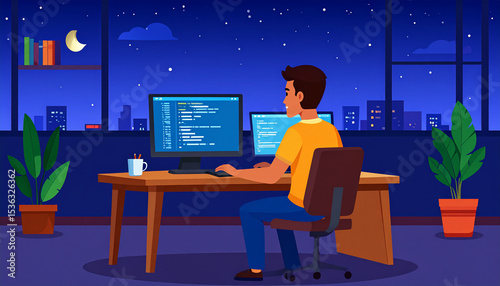 the illustration shows a person sitting at a wooden desk, working on two monitors displaying lines of code