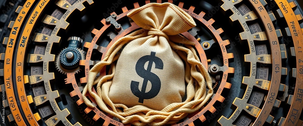 Obraz premium Money bag nestled within intricate cogwheel mechanism, wealth, savings
