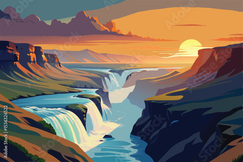 Majestic Sunset over Canyon Waterfalls A Serene Landscape Illustration