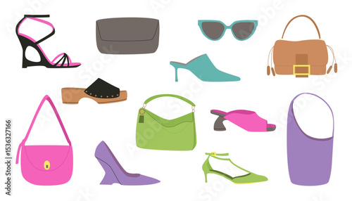 Bright and stylish flat vector illustration of women's fashion accessories. Perfect for use in fashion branding, online stores.