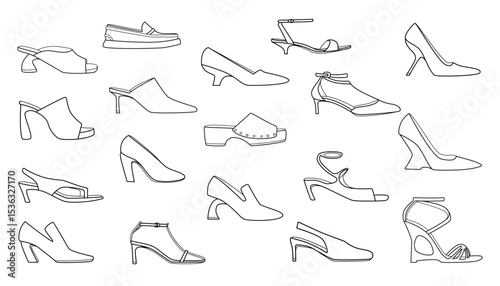 Set of women's heeled shoes line icons. Suitable for shoe brands, online stores and fashion bloggers.