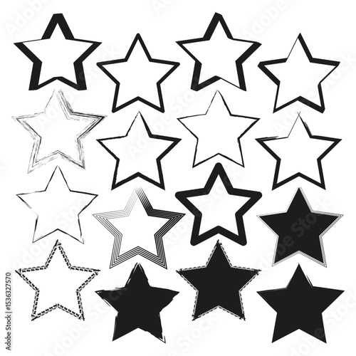 Star shape collection. Black white figures. Outline filled icons. Vector abstract set.