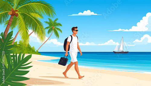 the image depicts a person walking on a sandy beach next to a tropical sea. they are wearing a white shirt and shorts, sunglasses, and carrying a small suitcase and a backpack