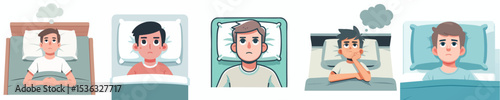 Man Can't Sleep – Overthinking in Bed Vector Illustration Set