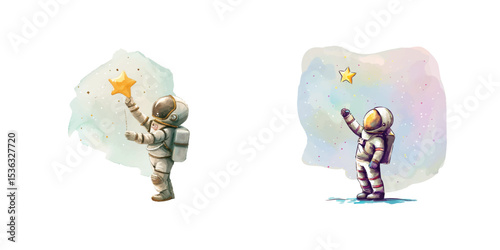 astronaut catching star watercolor vector illustration
