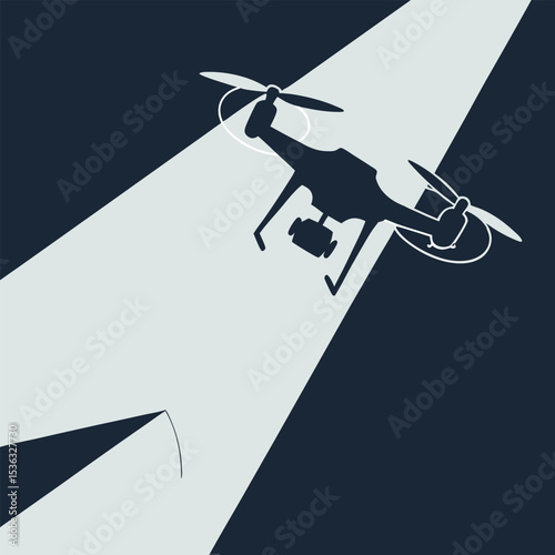 Silhouette of a flying drone with spinning propellers — perfect for technology, aerial photography, surveillance, and quadcopter-related design concepts.