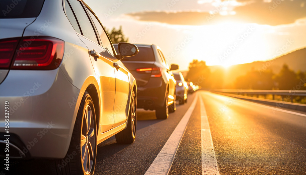 Fototapeta premium several automobiles are lined up on a multi lane road, appearing to be either at a standstill or moving very slowly