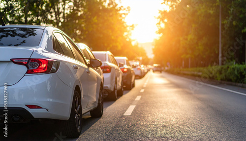 the scene depicts a line of parked automobiles along the side of a paved road, illuminated by a strong backlight