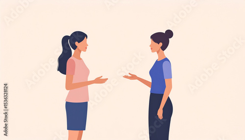 two people are depicted in this illustration, standing facing each other against a solid background. they appear to be having a conversation, with their hands slightly raised and open