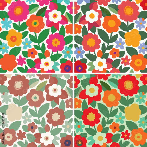 Wallpaper Mural Seamless retro floral pattern in a bold 1960s/70s 'flower power' style. Dense, stylized flowers in vibrant orange, pink, red & blue. Cheerful, groovy design for fabric & home decor Torontodigital.ca