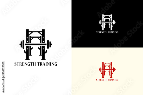 power rack frame with a barbell illustration, icon, vector logo for strength training, health, wellness, gym, workout, exercise, personal trainer, weightlifting, fitness, and more