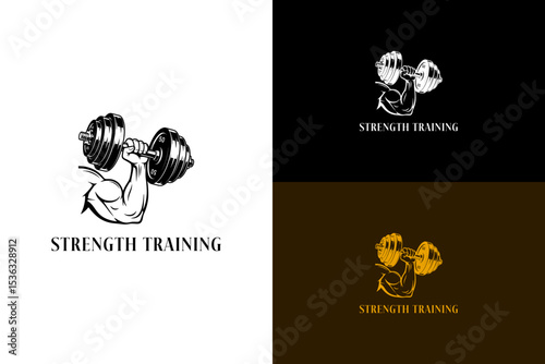flexed arm holding a heavy dumbbell vector illustration, logo for strength training, health, gym, wellness, workout, exercise, weightlifting, bodybuilding, fitness, and more