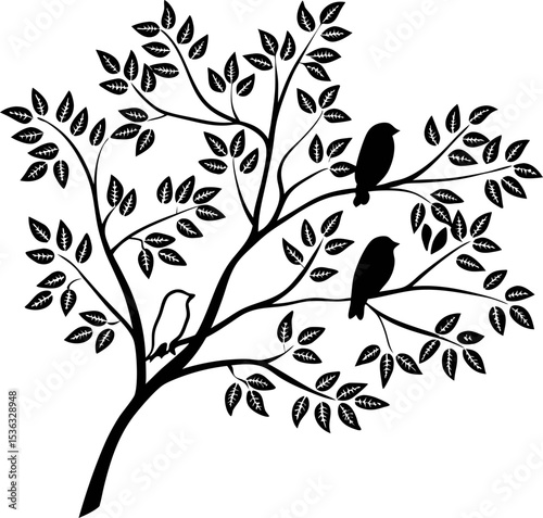 tree with leaves and birds  silhouette.eps