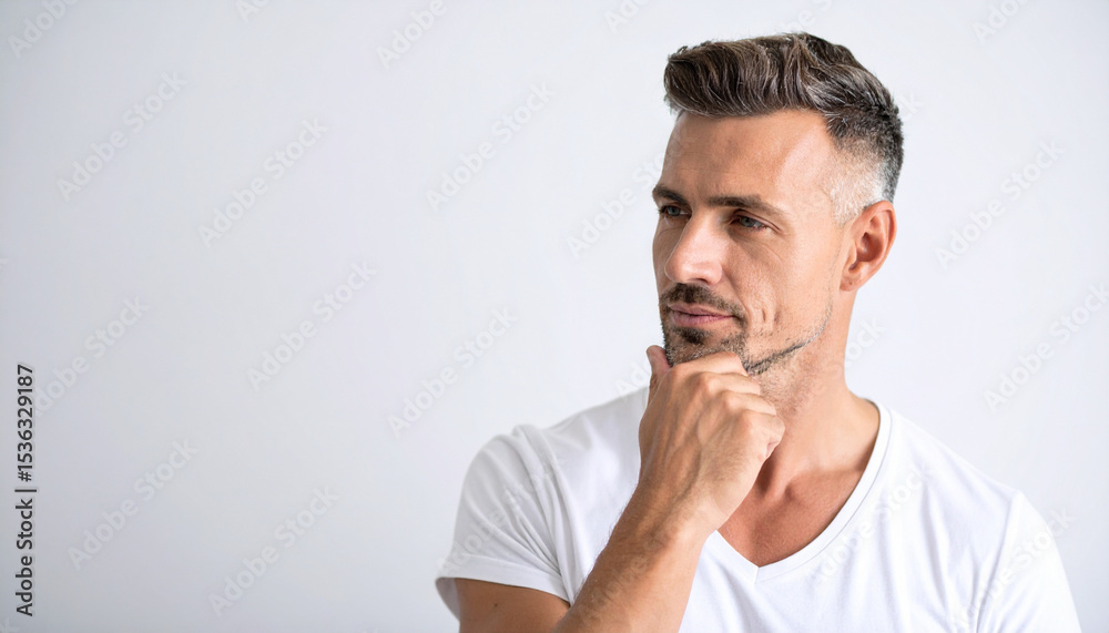 Fototapeta premium the image shows a person in a thoughtful pose, positioned on the right side of the frame against a plain backdrop