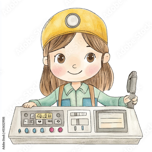 Smiling Cartoon Miner with Control Panel and Headlamp in Watercolor Style