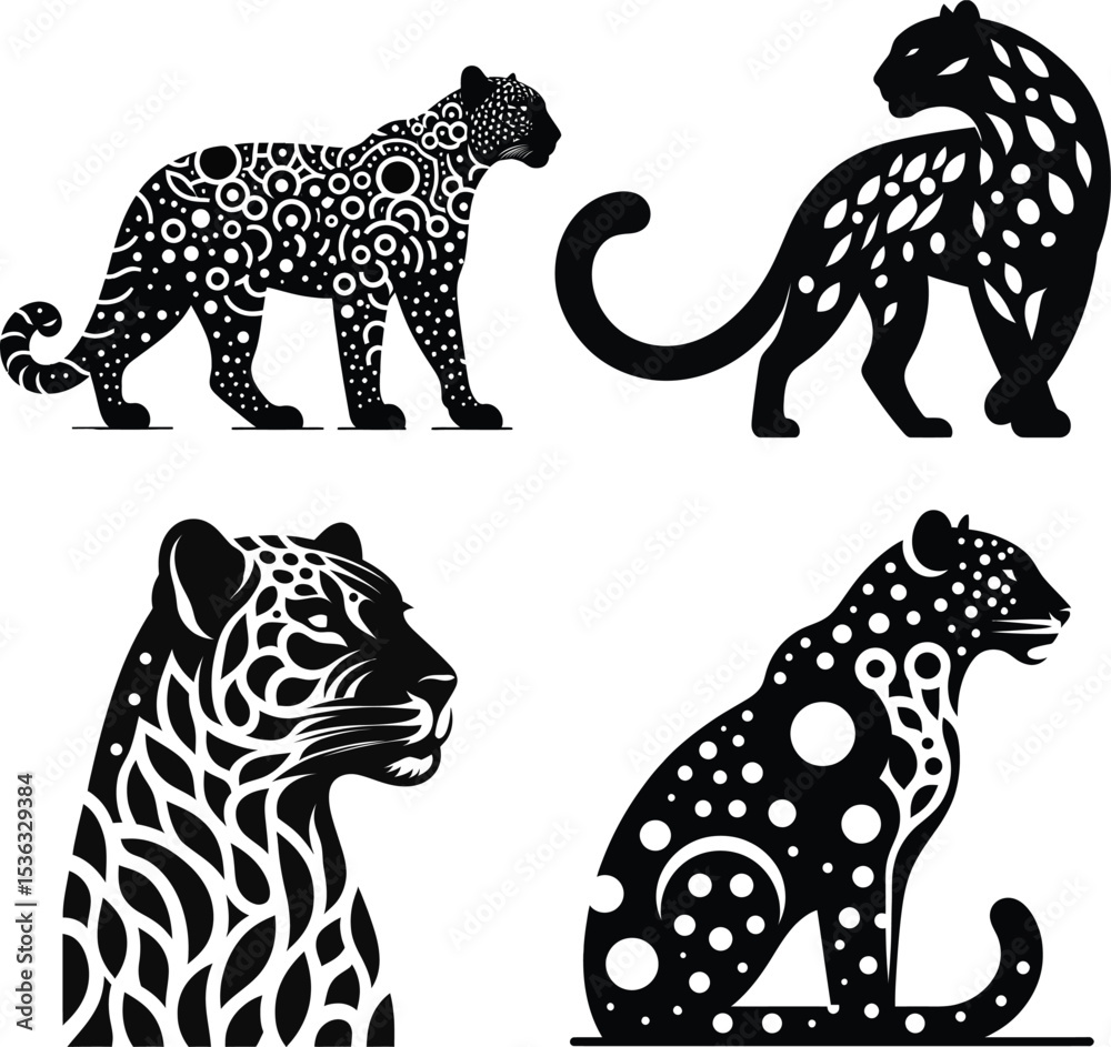 Obraz premium Stylized Leopard Silhouette Set | Black Panther Vector Art | African Wildlife Graphic