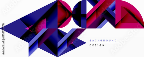 Abstract geometric shapes create dynamic composition. Purple, magenta hues dominate design. Modern aesthetic, clean lines suggest futuristic feel. Minimalist background enhances visual impact.