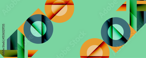 Abstract geometric composition. Circles, triangles, rectangles overlap creating dynamic visual effect. Mint background enhances vibrant orange, teal hues. Modern design.