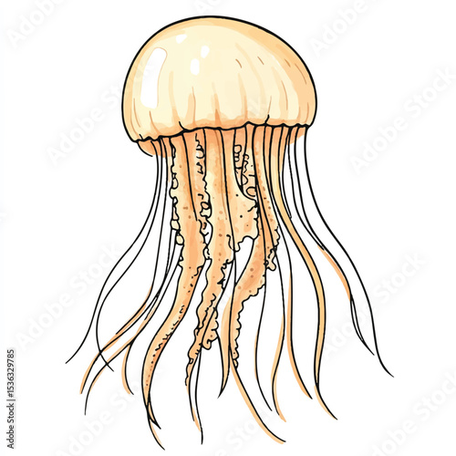 Detailed Illustration of a Jellyfish with Flowing Tentacles and Unique Color