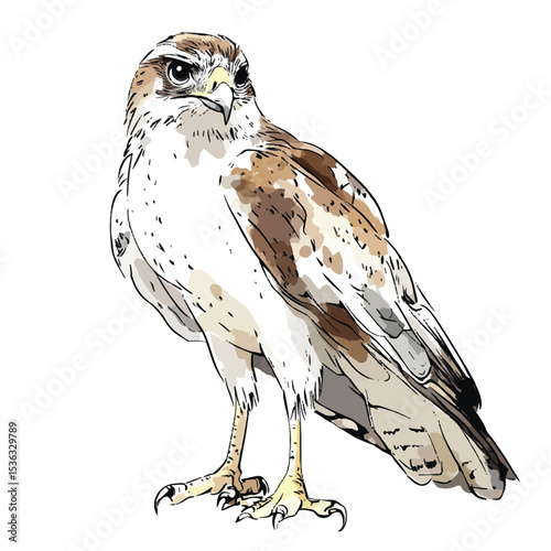 Detailed Illustration of a Perched Hawk with Brown and White Feathers