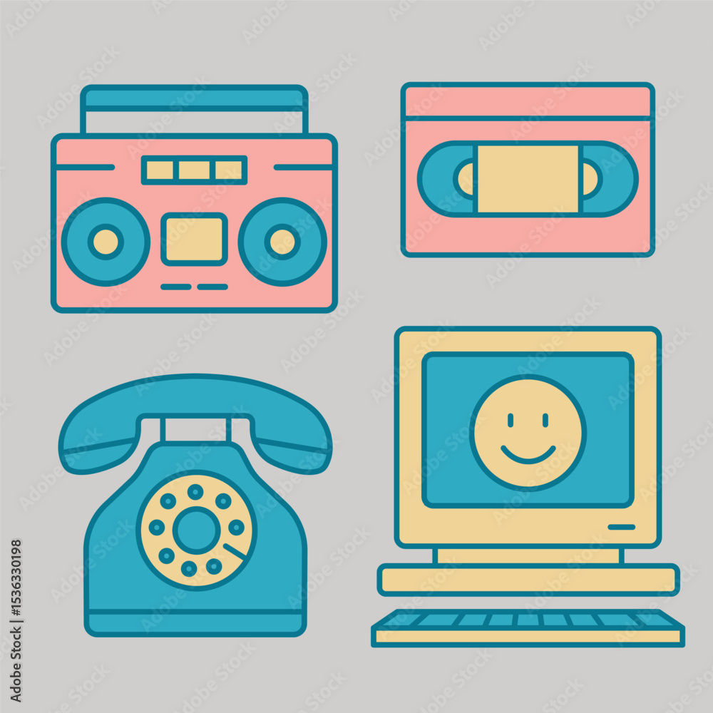 Retro Bright Colored 1990's Items Icon Illustrations