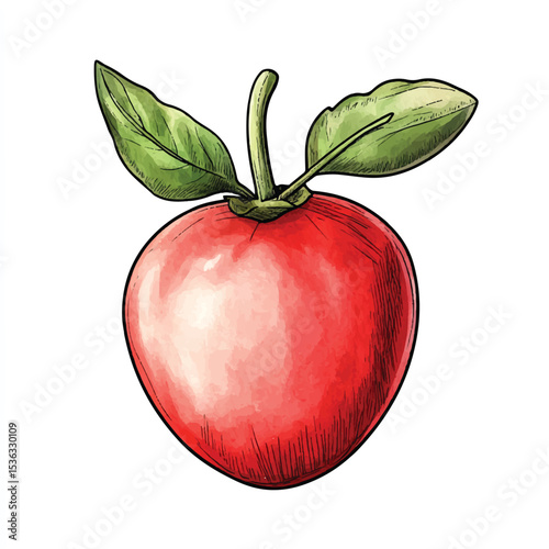 Detailed Watercolor Illustration of a Red Apple with Green Leaves