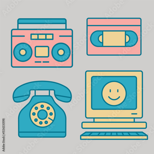 Retro Bright Colored 1990's Items Icon Illustrations