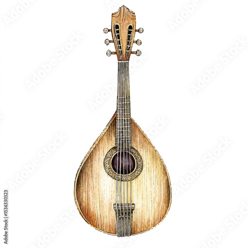 Detailed Watercolor Illustration of an Antique Portuguese Guitar
