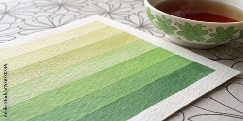 Watercolor green gradient with tea cup on patterned fabric - horizontal flat lay