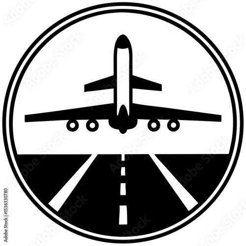 Airplane landing on runway depicted in minimalist black design  