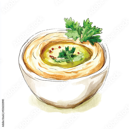HandPainted Hummus in a Bowl with Fresh Herbs