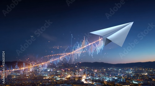 Paper Plane Glides Over City at Night with Digital Stream