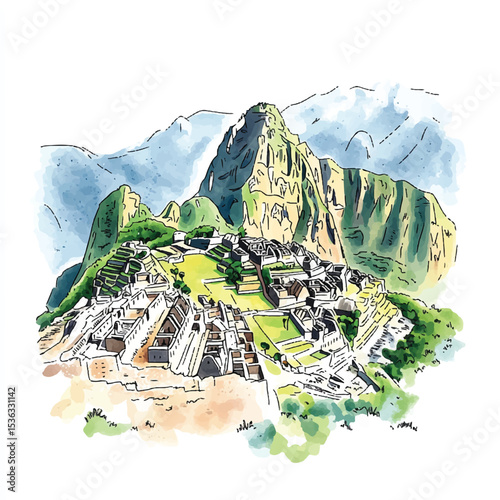 Machu Picchu Watercolor Illustration with Mountain Backdrop and Lush Greenery