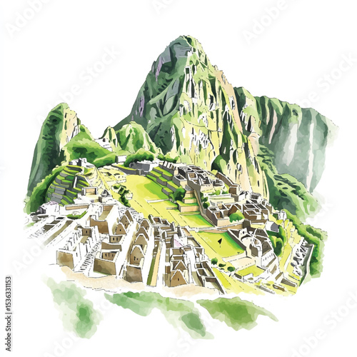 Machu Picchus Ancient Terraces and Stone Structures Watercolor Illustration