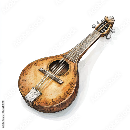 Ornate Vintage Bandura Depicted in Watercolor Style