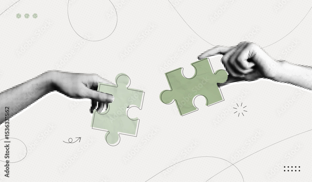 Trendy Halftone Collage Two Hands combine puzzle pieces. Teamwork and brainstorm concept. Business idea and solution. Partnership relationship. Contemporary vector illustration art