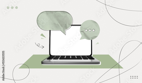 Trendy Halftone Collage Computer laptop with speech bubble messages. Social media communication. Online chat or forum. Discussion and feedback. Contemporary vector illustration art