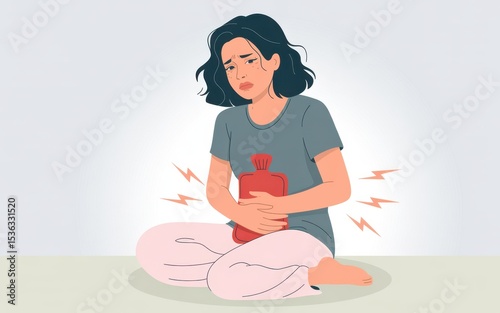 Woman Sitting Floor Holding Red Hot Water Bottle Abdominal Pain