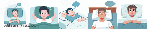 Set of Male Insomnia Illustrations – Man Struggling to Sleep in Bed