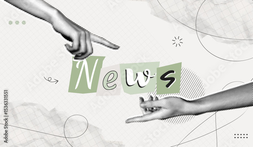 Trendy Halftone Collage Two Hands and Ransom note style letters. Social media news and propaganda. Headline banner or poster. Scrapbook typeface design. Contemporary vector illustration art