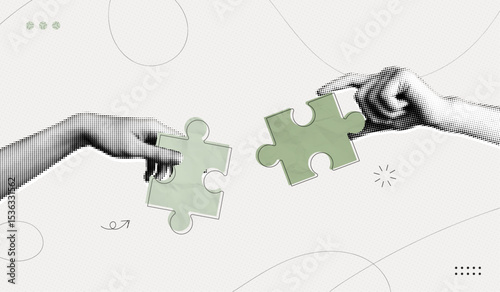 Trendy Halftone Collage Two Hands combine puzzle pieces. Teamwork and brainstorm concept. Business idea and solution. Partnership relationship. Contemporary vector illustration art